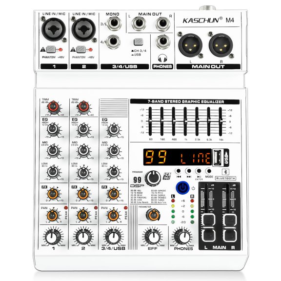 4 Channel Audio Mixer with Bluetooth, Sound Mixer Board with 99 DSP Effects, 7-Band EQ, 48V Phantom Power for Podcast Live Streaming DJ Karaoke Home Recording Guitar Bass Keyboard