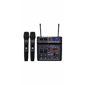 4 Channel Audio Mixer Built-in Dual UHF Wireless Handheld Microphones, Bluetooth USB DSP Audio Mixing Board for Home Karaoke Podcast Live Broadcast