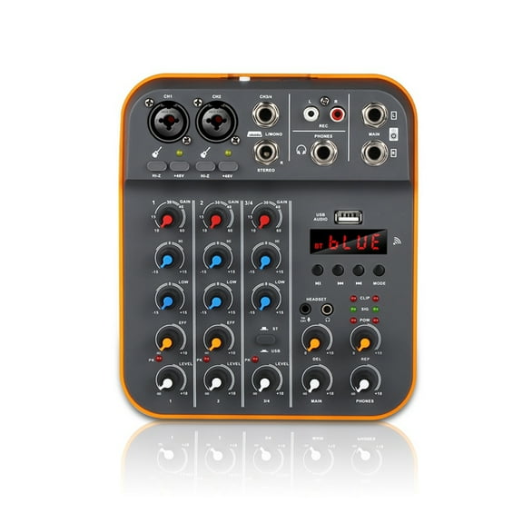 4 Channel Audio Mixer DJ Console Mixer with Reverb Bluetooth 5.0 48V Power for PC Recording Karaoke Singing US Plug