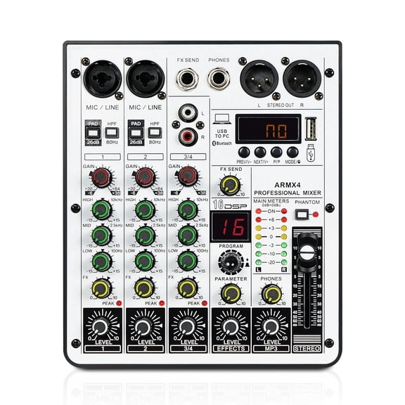 4-Channel Audio Mixer, DJ Mixer with USB Audio Interface, Function, 16 DSP Effects, and 3-Band EQ (ARMX-4) ,Easy to Operate