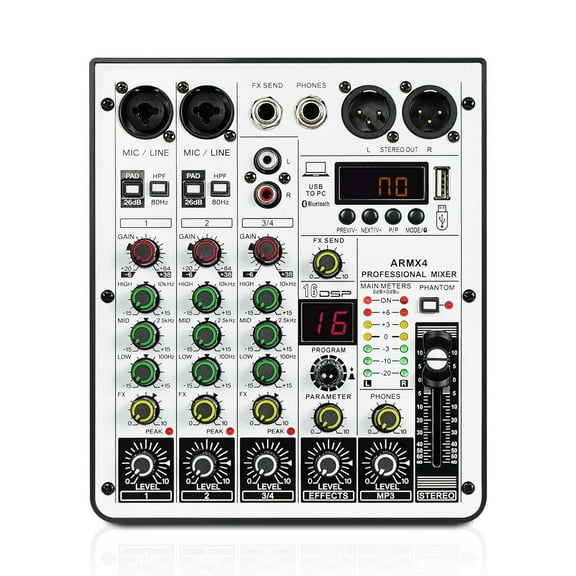 4-Channel Audio Mixer, DJ Mixer with USB Audio Interface, Function, 16 DSP Effects, and 3-Band EQ (ARMX-4)
