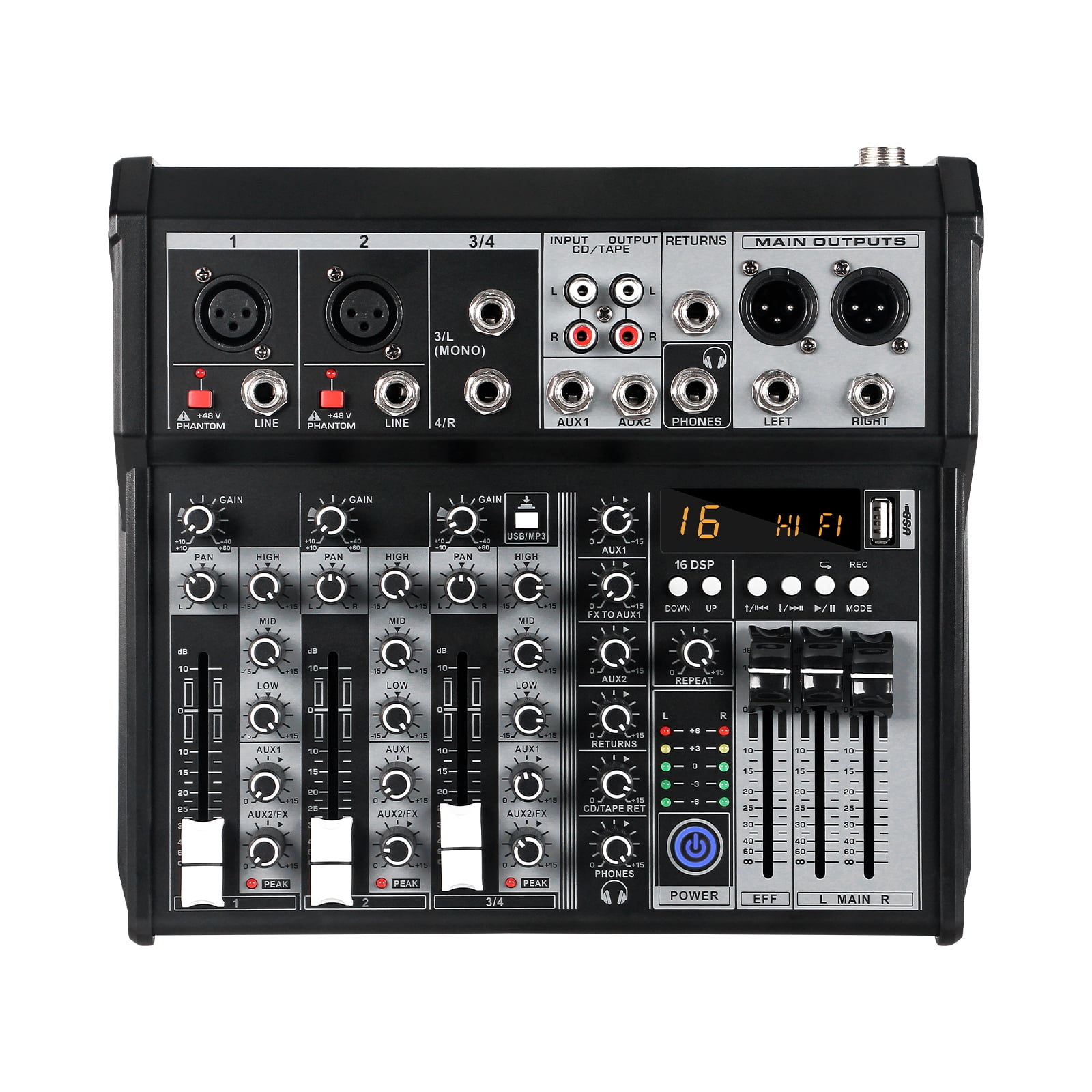 4 Channel Audio Mixer, Portable Audio Mixer w/16 Built-In Preset Sound Effects & USB DJ Sound Mixing Console MP3 Jack 48V Power for Computer Recording, Sounds Mixer Board For Studio Recording
