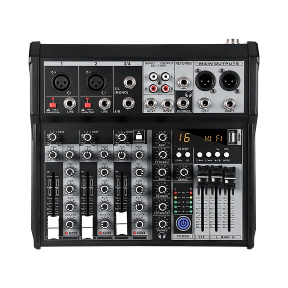 4 Channel Audio Mixer, Portable Audio Mixer w/16 Built-In Preset Sound Effects & USB DJ Sound Mixing Console MP3 Jack 48V Power for Computer Recording, Sounds Mixer Board For Studio Recording