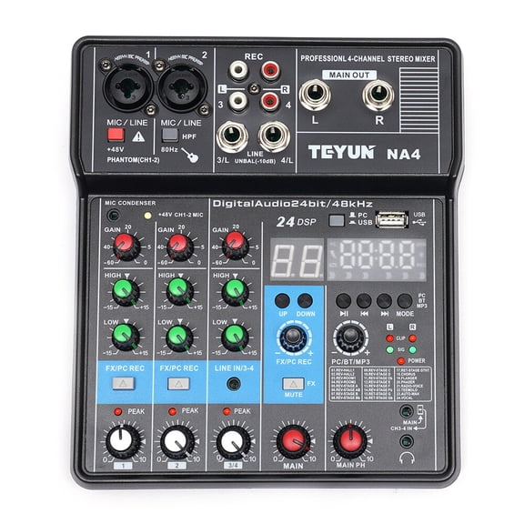 4 Channel Audio Mixer,Professional Sound System Mixer Board DJ Mixing Console,48V Phantom Power Audio Mixer,Bluetooth,Volume Fader,Professional Audio Mixer for Studio Karaoke Live Music