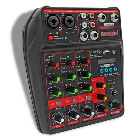 4-Channel Audio Mixer with Bluetooth/USB & 48V Phantom Power – XLR Sound Board for PC Recording, Streaming, Live DJ