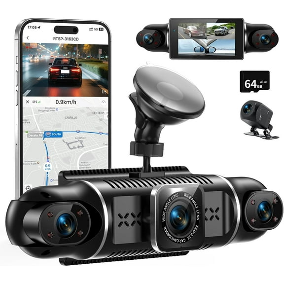 4 Channel Car Dash Cam 360 Coverage - Front 2K + Triple 1080P HD Car Camera Built-in WiFi Dash Camera with App, G-Sensor/Night Vision/Parking Mode/Loop Recording Free 64GB SD Card