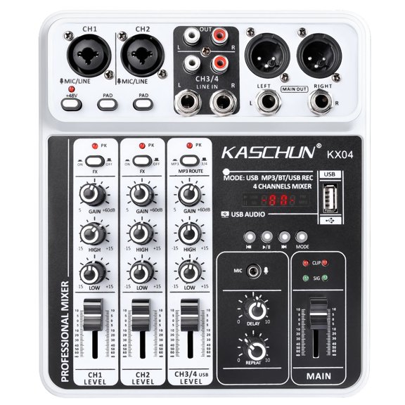 4-Channel DJ Audio Mixer, Bluetooth Sound Board with USB MP3 Input Compact Mixer Board with 48V Phantom Power, Monitoring, Effects, for Karaoke, Podcast, Live Stream, Home Recording & DJ