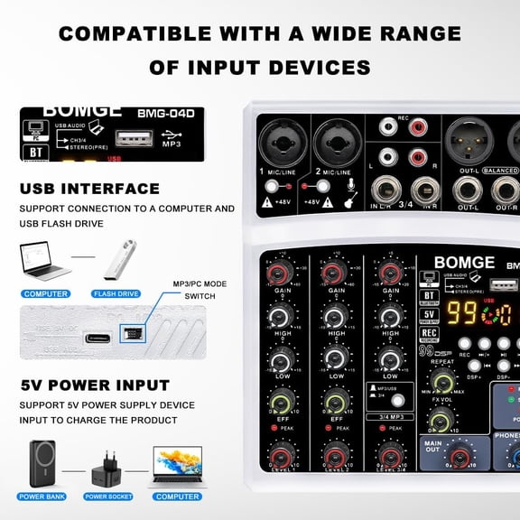 4 Channel DJ Audio Mixer with 99DSP Processor USB Interface Stereo Recording 48V Phantom Power for PC Phone White