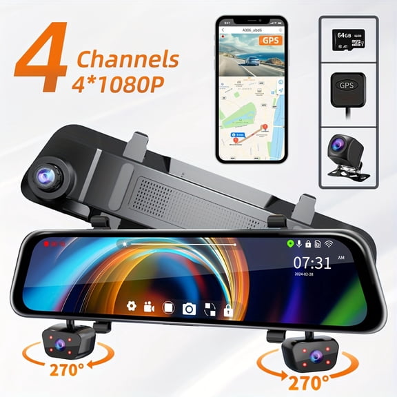4-Channel DVR Dash Cam with 10" Touch Screen, Front/Rear/Left/Right Recording, GPS, WiFi, Night Vision, G-Sensor, Loop Recording, App Control, 12V/24V Power, 270 Rotatable for Car Truck SUV