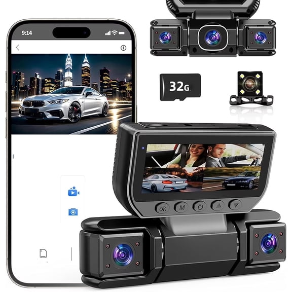 4-Channel Dash Cam 360 Panoramic Car DVR System, with 32GB Card, 1080P FHD WiFi Video Recorder, Front Rear Left Right Cameras, App Control & Parking Monitor (1Pc)
