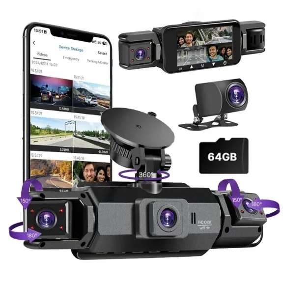 4 Channel Dash Cam with 360° Surround View  Includes FREE OBD Cable for 24/7 Parking Monitor  4 Lens Front Rear Inside Left Right Recording   3" Display, Built-in WiFi, 64GB Card  Clear Night Vision
