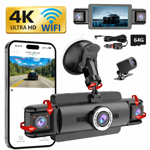 4 Channel Dash Cam,4K 360 Full View Front Rear Left Right Car Camera, 2.4GHz WiFi App, Night Vision, G-Sensor, Loop Recording, 64GB Card