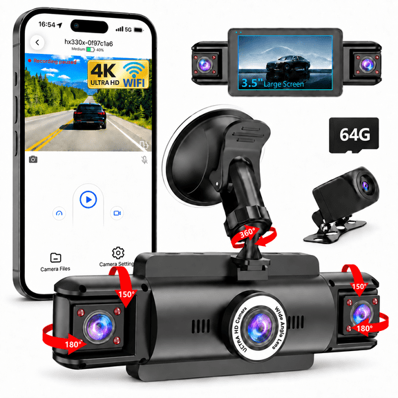 4 Channel Dash Cam,4K 360 Full View Front Rear Left Right Car Camera, 2.4GHz WiFi App, Night Vision, G-Sensor, Loop Recording, 64GB Card