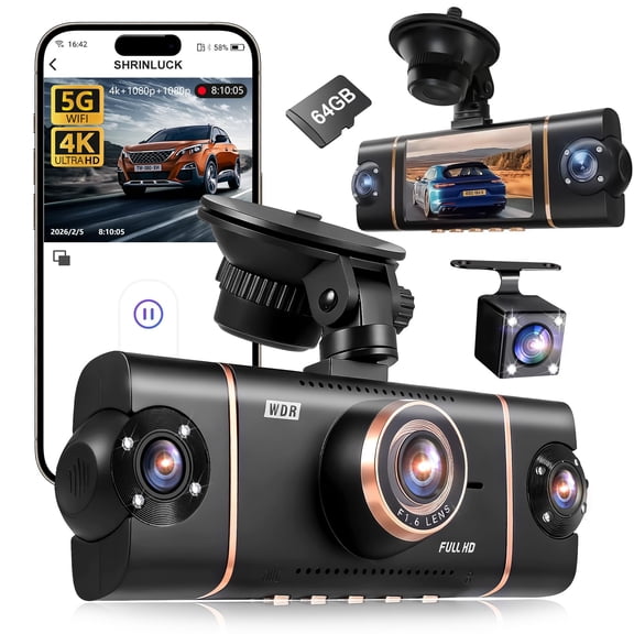 4 Channel Dash Cam 360 View Front Rear Inside & Left Right,4K+1080P*3 FHD Car Camera,5G WiFi & APP Control,8 IR Lamps Night Vision, G-Sensor, 24H Parking Mode, with a Free 64GB SD Card