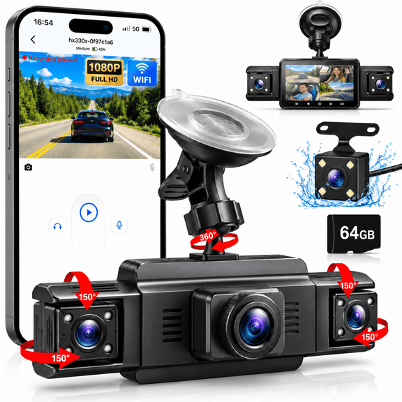4 Channel Dash Cam Front and Rear, 1080P Dash Camera for Car with Dual 120 Interior Cameras, WiFi APP, 64GB Card, G-Sensor, Loop Recording, Parking Monitor