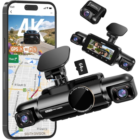 4 Channel Dash Cam Front and Rear, 3K+3*1080P Camera for Cars, Free 64GB Card, 360 Car Video Recorder, 5GHz WiFi GPS, Voice Control, CPL Filter, WDR Night Vision, 24H Parking Mode(N700)