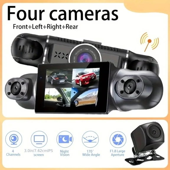 4 Channel Dash Cam with 1080P HD, WiFi, Front Rear and Side Cameras, 3.0" Screen, Night Vision, Parking Monitor, Supports 128G, Loop Recording