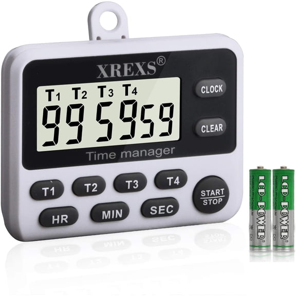 4-Channel Digital Clock with Large LCD Display, 4 Groups Simultaneous Timing Countdown Up Pocket Timer, Magnc Attachable (Battery Included)