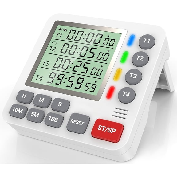 4-Channel Digital Kitchen Timer with Count Up/Down, Loud Alarm, Silent Mode, Large Display, Magnetic Back, Auto Memory, Battery Included