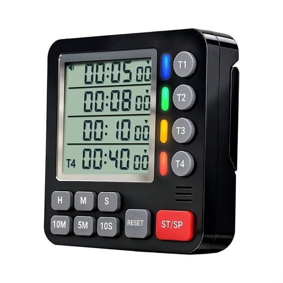 4-Channel Digital Kitchen Timer with Count Up/Down, Loud Alarm, Silent Mode, Large Display, Magnetic Back, Auto Memory, Battery Included