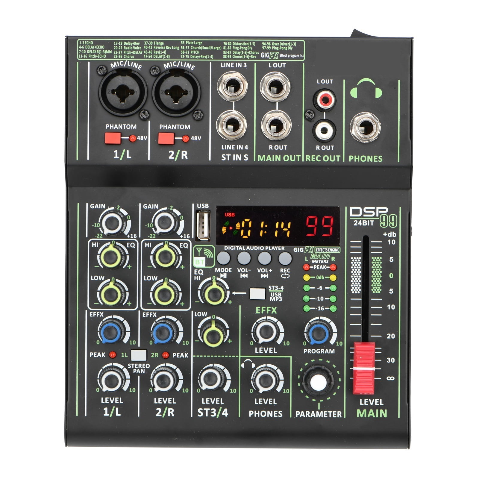 4 Channel Mixer Individual +48V Phantom Power 99 DSP Effects USB ...