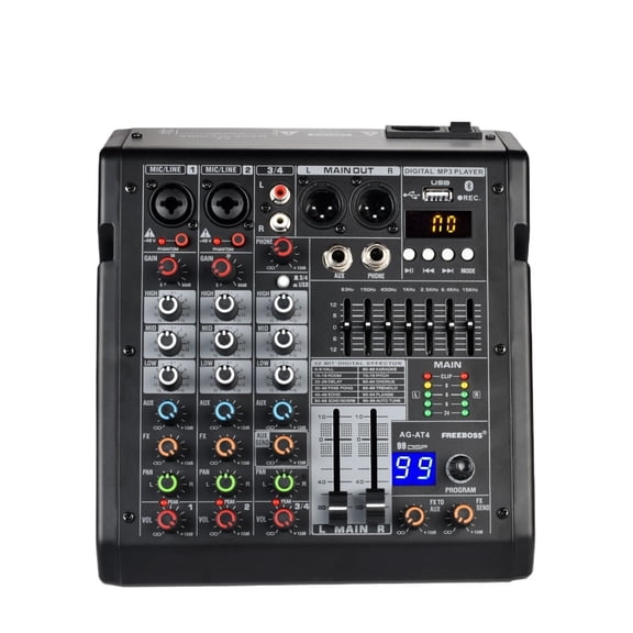 4 Channel Mixing Console 99 DSP Effect USB Play PC Record Bluetooth Sound Mixer Home Party 48V Mix Table AG-AT4 ,Easy to Operate
