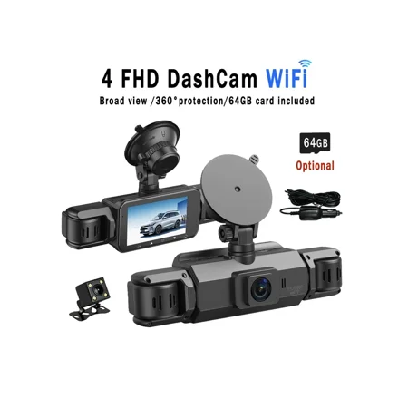 4-Channel Panoramic Dash Cam - 3.0" HD, 170° Wide, Night Vision, WiFi, 64GB Card. Perfect Gift For 2026.