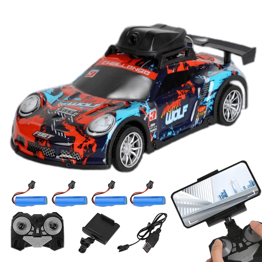 4 Channel RC Drift Car with Camera & Lights, HD Video Recording Remote Control Car with APP Control, Long Endurance 30-Min Playtime, Great Gift for Teens and Adults