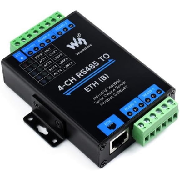 4 Channel RS485 to Ethernet Serial Server, Industrial IoT Gateway with Modbus MQTT JSON Support, Rail Mount Design, Optional PoE SKU-26360