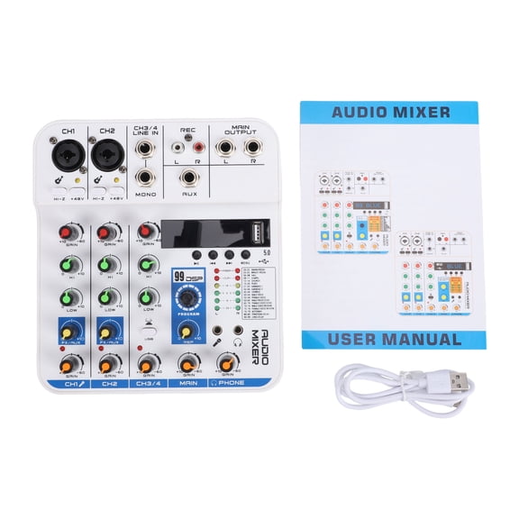 4 Channel Sound Mixer 4 Channel Sound Mixer DSP Digital Reverb USB BT MP3 Module XLR 6.35mm 3.5mm Inputs 48V Phantom Power Portable for Live Streaming Karaoke Outdoor Use