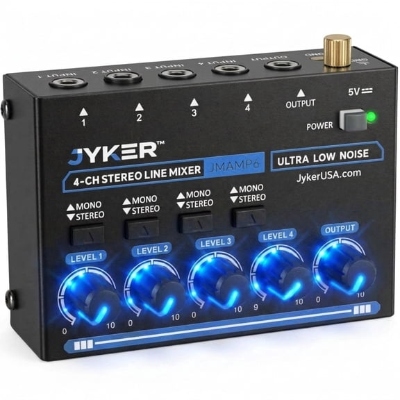 Jyker 4 Channel Stereo Line Mixer, Compact Audio Mixing Console, Mono/Stereo Switches, Independent Level Controls, USB-C Powered, Metal Housing - JMAMP6
