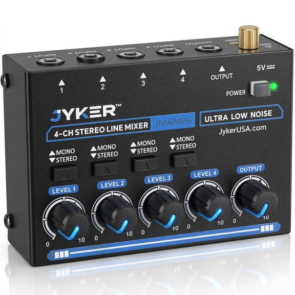 Jyker 4 Channel Stereo Line Mixer, Compact Audio Mixing Console, Mono/Stereo Switches, Independent Level Controls, USB-C Powered, Metal Housing - JMAMP6