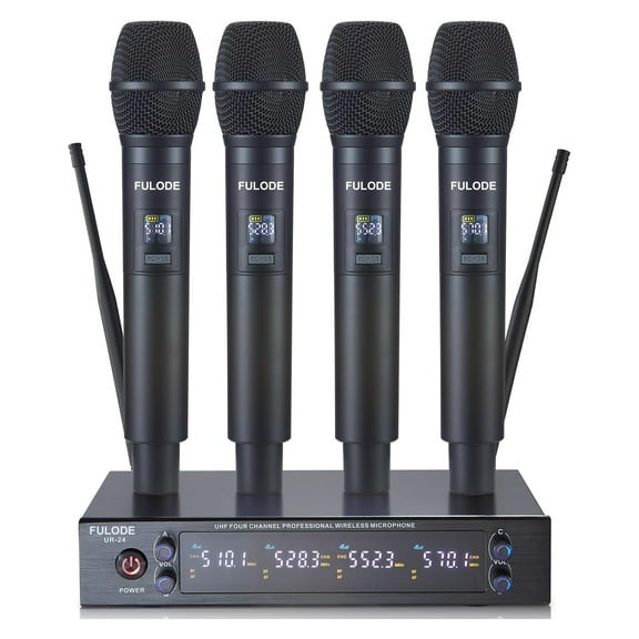 4 Channel UHF Wireless Microphone System with Cordless Handheld Mics, 4x50 Adjustable Frequencies, Ideal for Karaoke Meeting Church, 300ft Range (4 Handheld)