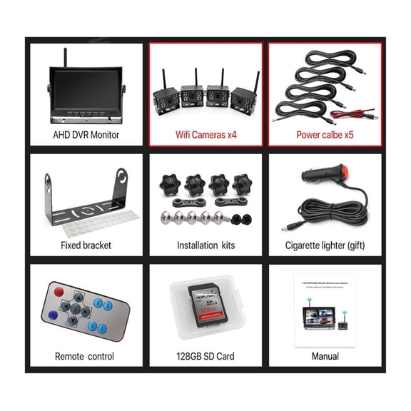 4 Channel Vehicle Digital DVR Recorder Monitor With Wireless Front Rear View AHD Camera For Truck/Trailer/Bus/RV/Pickups ,Clear Images