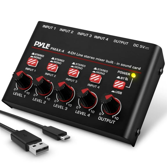 4-Channel Wireless BT Streaming Mini Line Mixer with USB Audio Interface - 4 Mono/Stereo Switching Inputs