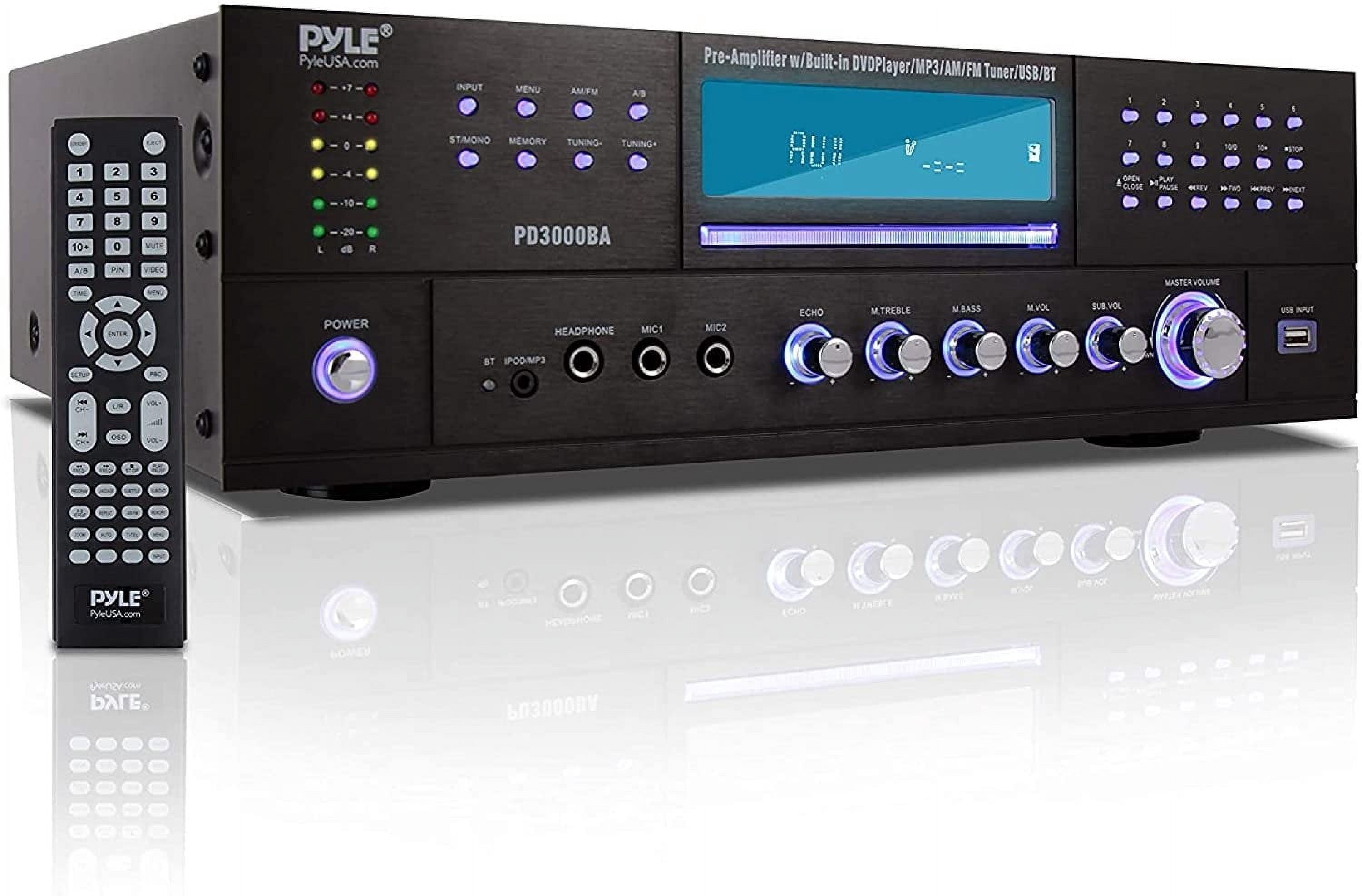Pyle 4 Channel Wireless Bluetooth Amplifier - 3000 Watt Stereo Speaker Home Audio Receiver w/FM Radio, USB, 2 Microphone w/Echo for Karaoke, Front Loading CD DVD Player, LED, Rack Mount - PD3000BA.5