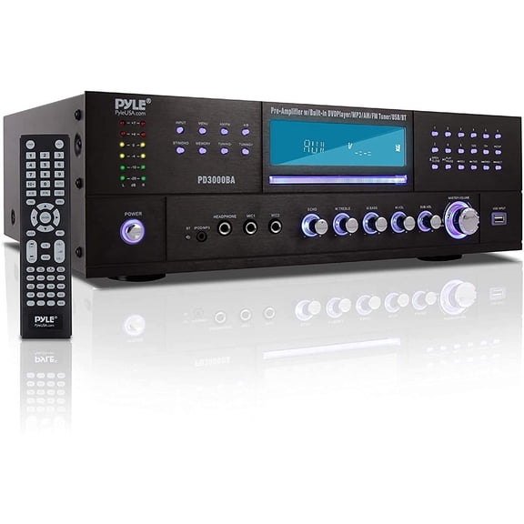 Pyle 4 Channel Wireless Bluetooth Amplifier - 3000 Watt Stereo Speaker Home Audio Receiver w/FM Radio, USB, 2 Microphone w/Echo for Karaoke, Front Loading CD DVD Player, LED, Rack Mount - PD3000BA.5