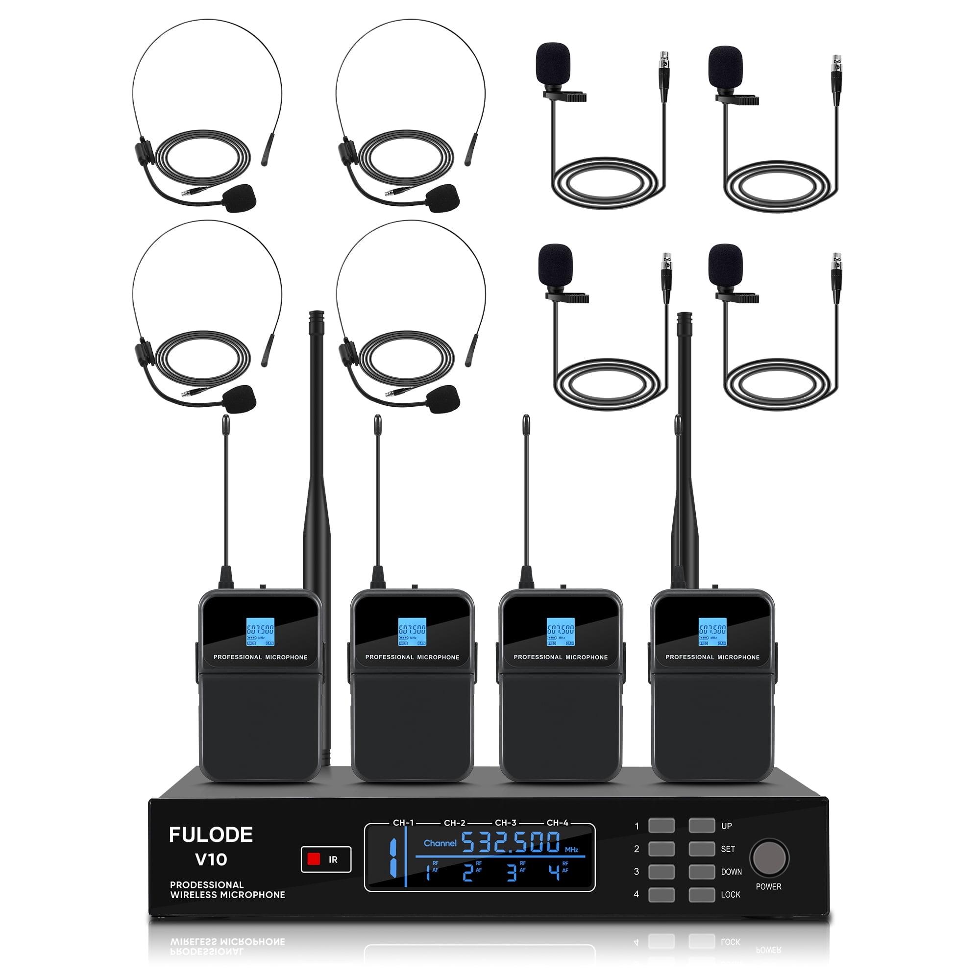 4 Channel Wireless Lapel Microphone, Set of 4 Headset & Lavalier Mics with 4x50 Adjustable Frequency UHF Metal Receiver, 300ft Range Microphone System for Church, Karaoke, Preaching, Wedding