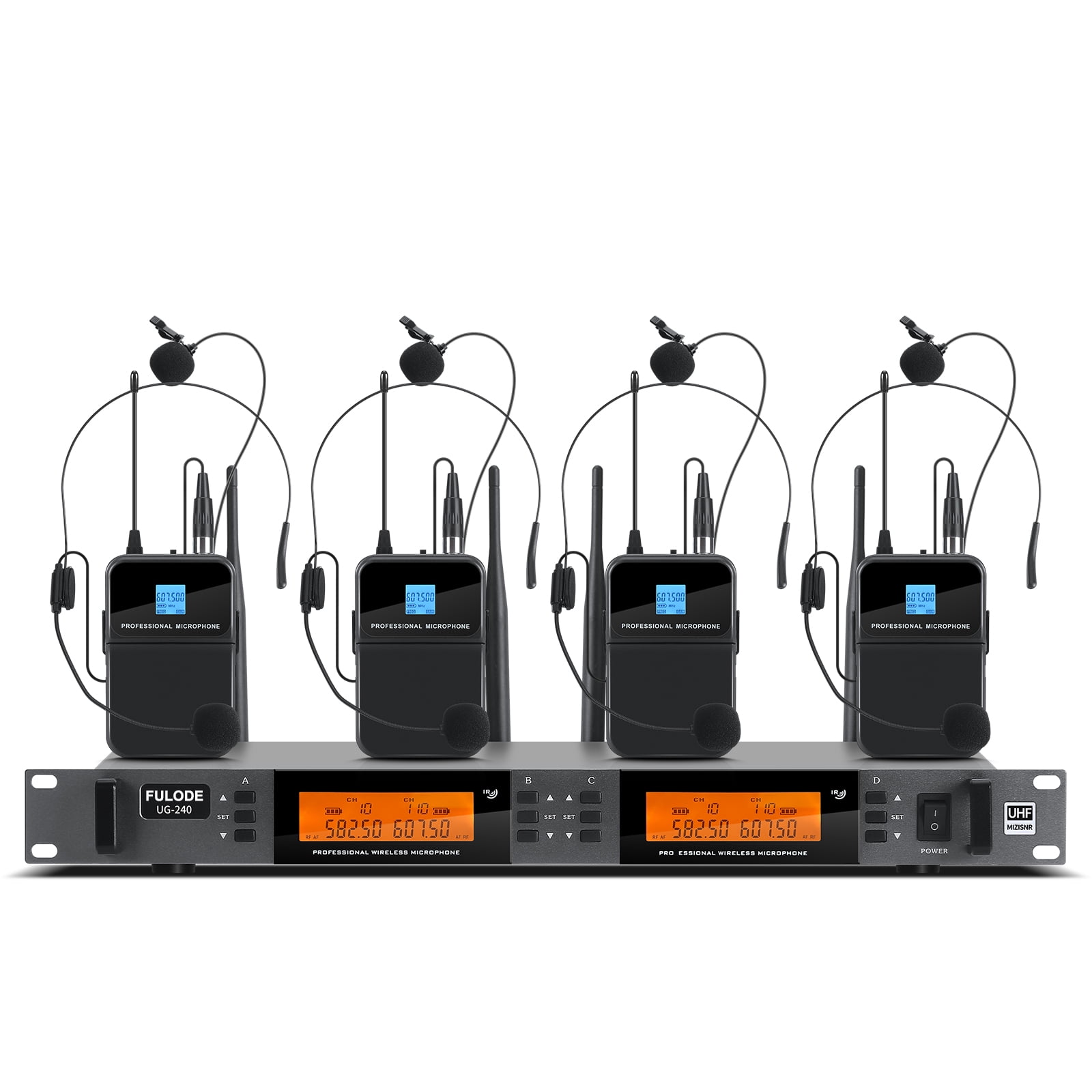 4 Channel Wireless Lapel Microphone System, UHF Metal Receiver Headset ...