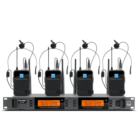 4 Channel Wireless Lapel Microphone System, UHF Metal Receiver Headset Lavalier Mics Set with 4x100 Adjustable Frequency 300ft Range for Church Karaoke Meeting Preaching(4 Bodypack, UG-240)