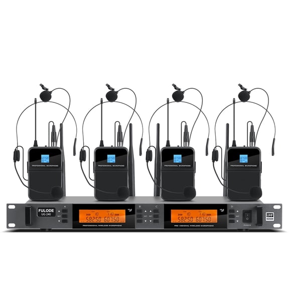 4 Channel Wireless Lapel Microphone System, UHF Metal Receiver Headset Lavalier Mics Set with 4x100 Adjustable Frequency 300ft Range for Church Karaoke Meeting Preaching(4 Bodypack, UG-240)