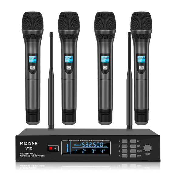 4 Channel Wireless Microphone System, Professional UHF Cordless Handheld Microphones set for Singer, Metal Receiver with Adjustable Frequency Auto Scan 300ft Range for Singing karaoke Speaking