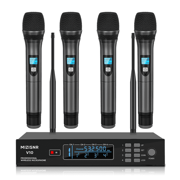 4 Channel Wireless Microphone System, Professional UHF Cordless Handheld Microphones set for Singer, Metal Receiver with Adjustable Frequency Auto Scan 300ft Range for Singing karaoke Speaking