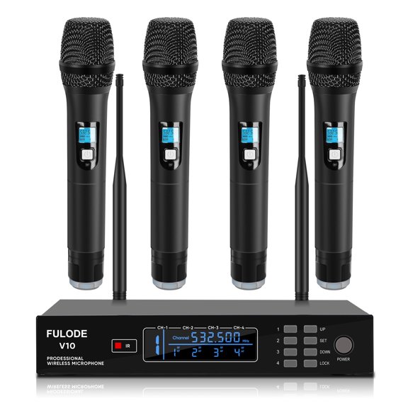 4 Channel Wireless Microphone System, Professional UHF Cordless Handheld Microphones set for Singer, Metal Receiver with Adjustable Frequency Auto Scan 300ft Range for Singing karaoke Speaking