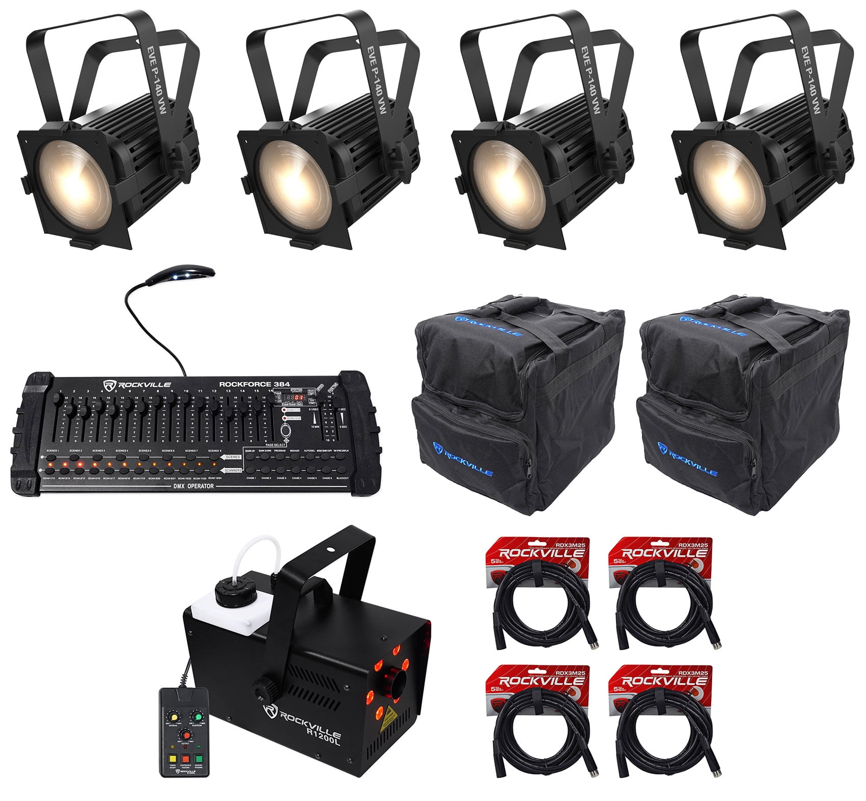 4 Chauvet DJ EVE P-140 VW D-Fi Cool/Warm Stage Lights+DMX Controller+Bags+Fogger
