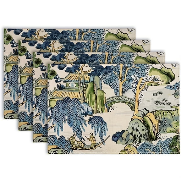 Of 4 Chinoiserie Placemats in a Flat Design, Showcasing Asian Landscapes in Blue And Kelly Green, Ideal for Decorating a Farmhouse-Style Dining Table, with Specific Measurements