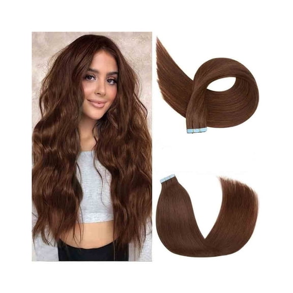 #4 Chocolate Brown Tape in Extensions Real Human Hair, 16-26 Inch 20pcs 50g Silky Straight Remy Human Hair Double Sided Invisible Tape in Extensions