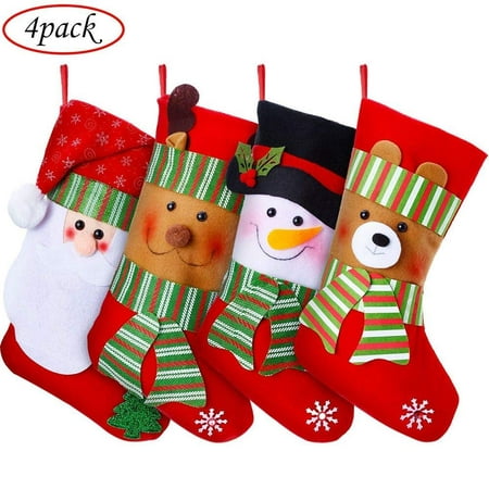 4 Christmas Stockings,15" Christmas Holiday Stockings with Christmas Snowman Santa Reindeer Bear Christmas Stockings Set Gift and Treat Bag for Favors and Decorating Ornaments