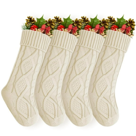 4PACK Christmas Stockings, Knitted Stocking for Holiday Christmas Party Family Decorations (White)