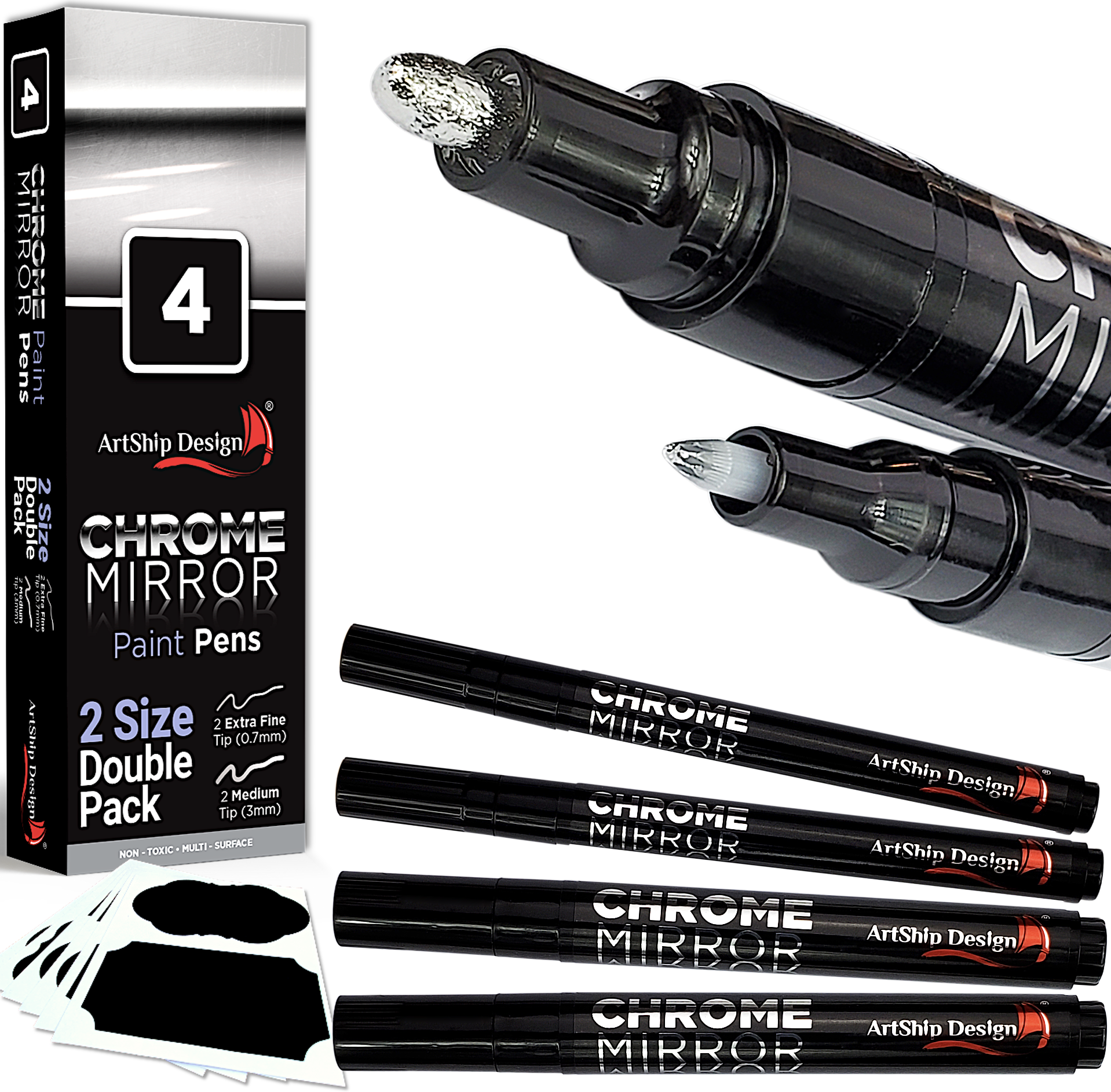 4 Chrome Mirror Paint Pens, Double Pack of Both Extra Fine and Medium Tip  Paint Markers - ArtShip Design